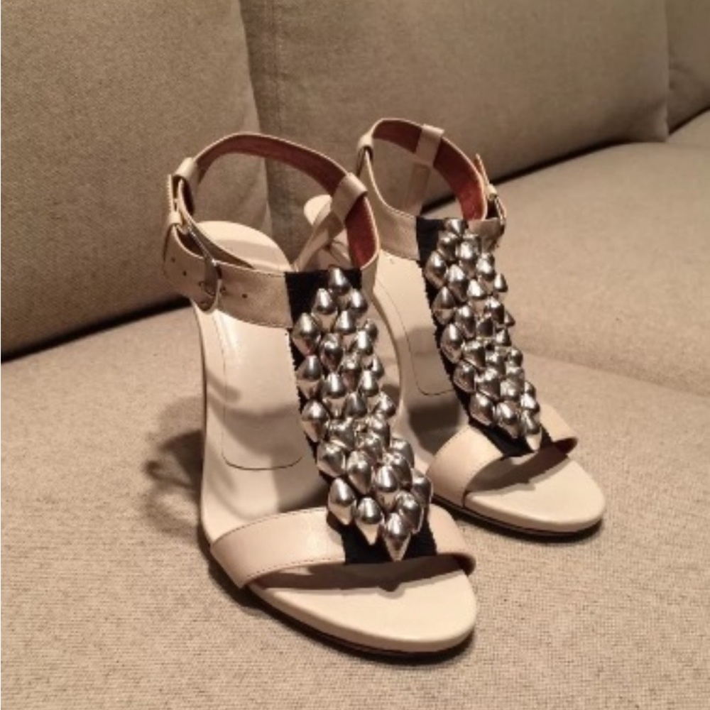 Dries Van Noten Silver Beaded Embellished Ivory Leather Sandals Size 38